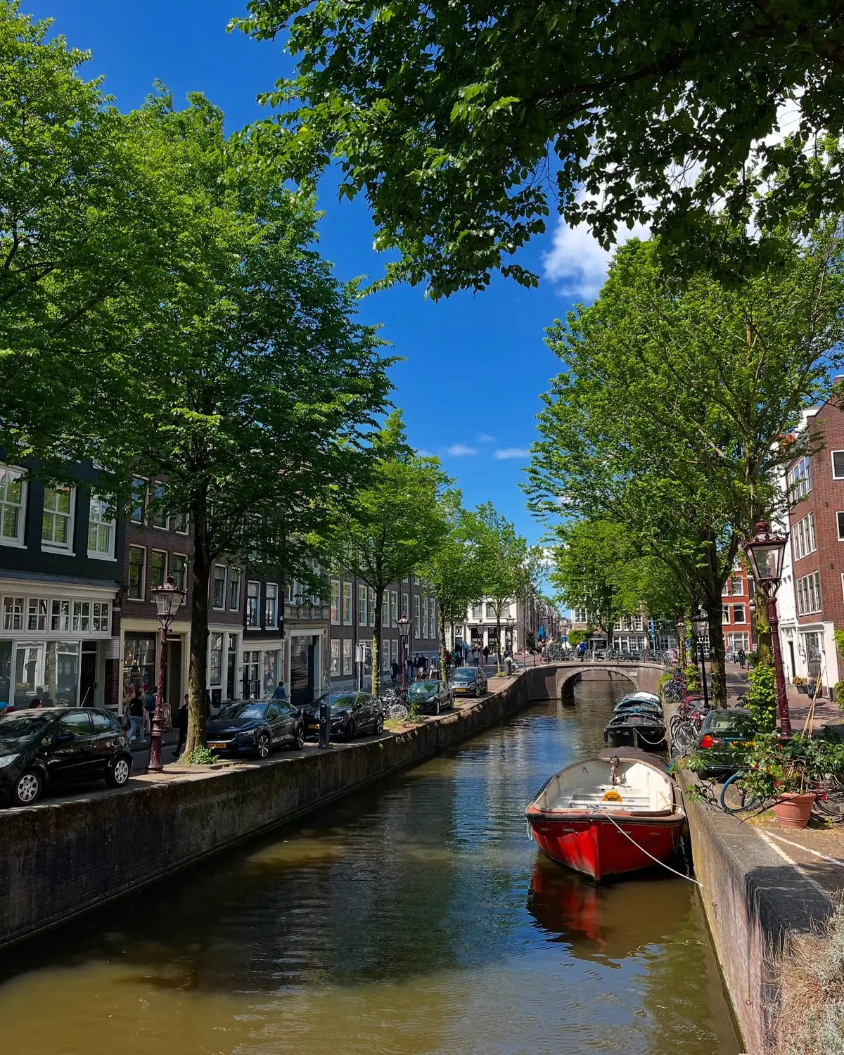 A little red boat on a quiet tree-lined Amsterdam canal