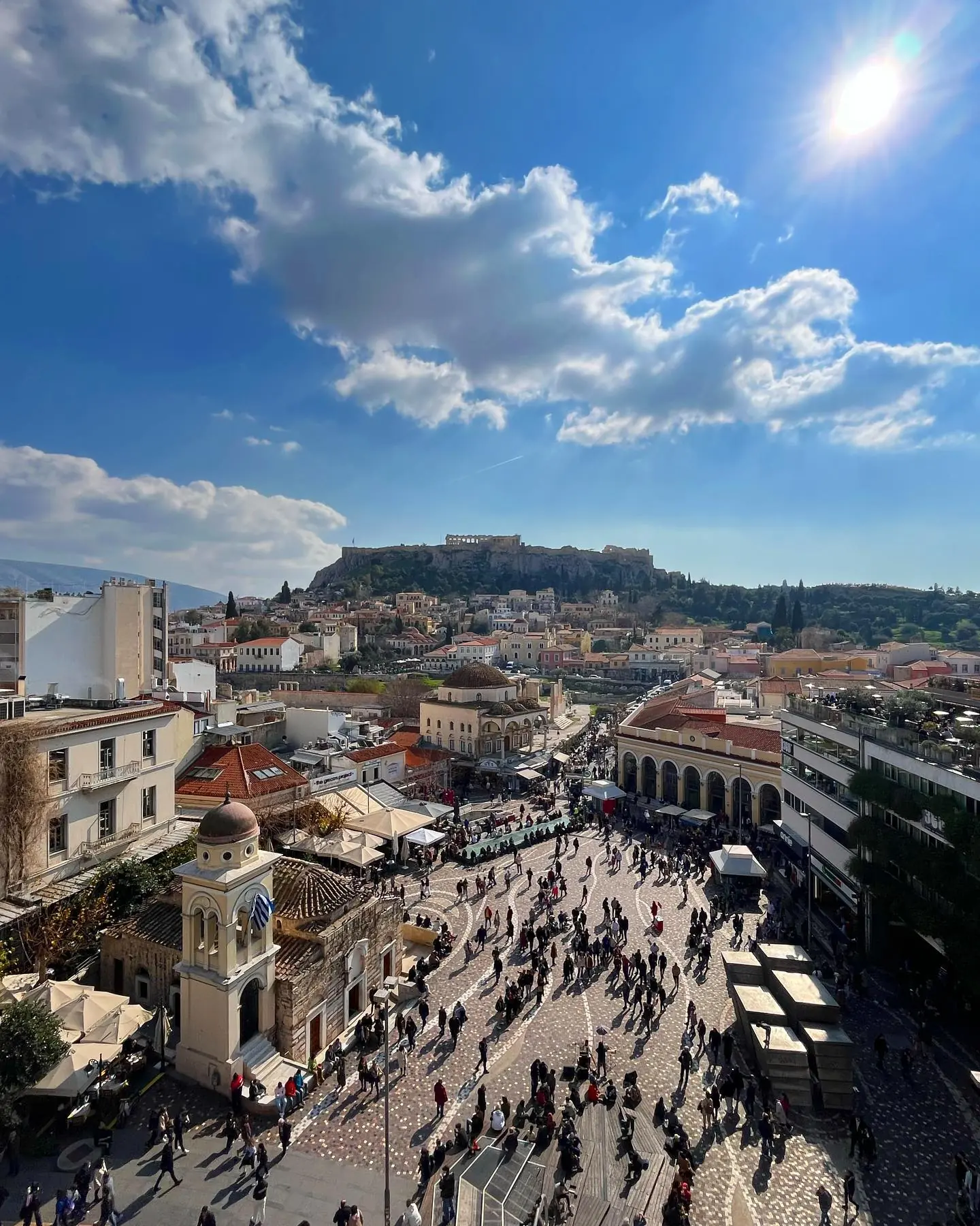 Monastiraki Square from above with the Acropolis rising behind
