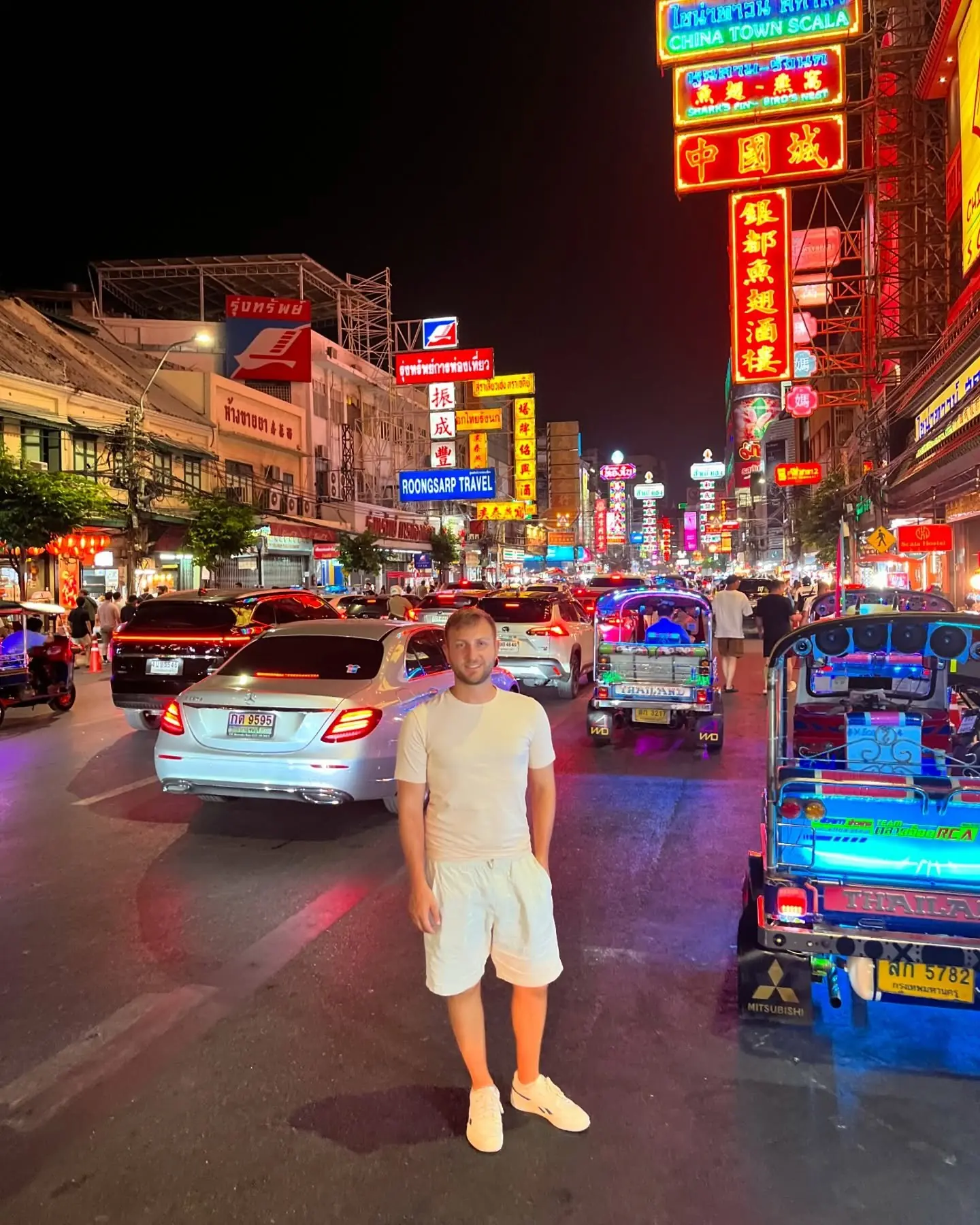 Neon-lit Yaowarat, Bangkok's Chinatown, at night