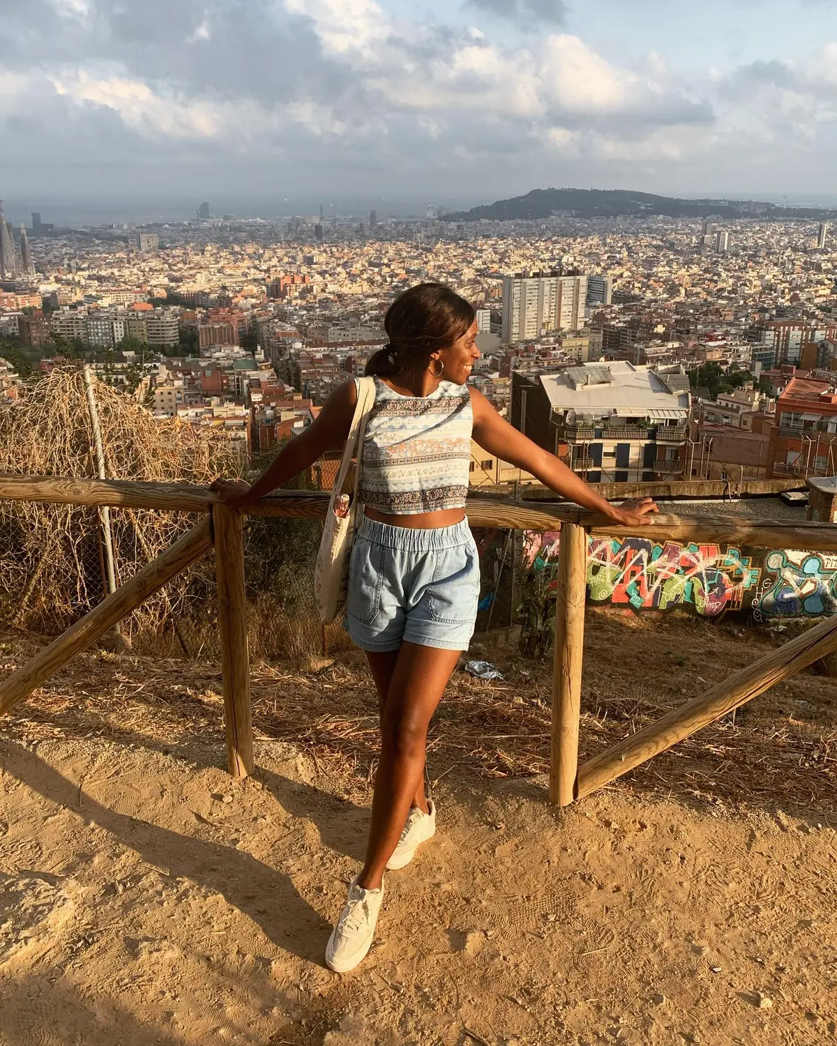 Melody at the Bunkers del Carmel viewpoint overlooking all of Barcelona at golden hour