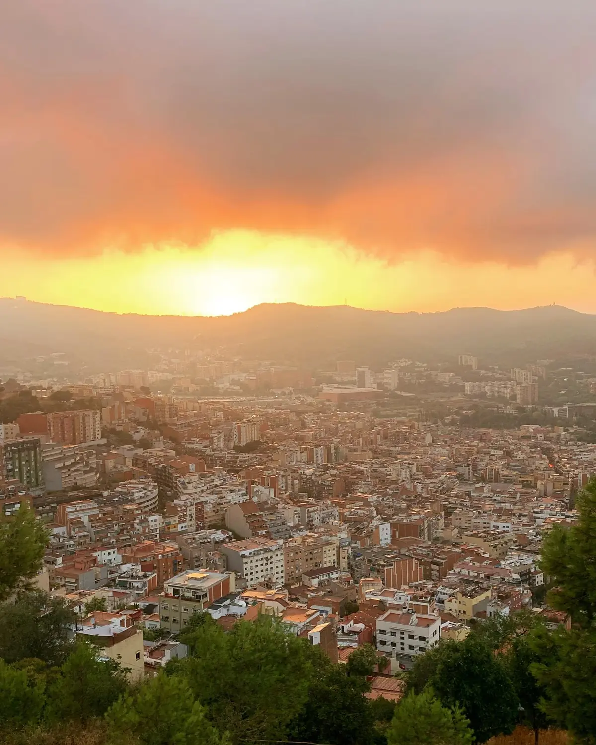 A fiery sunset over the Barcelona skyline seen from a hilltop viewpoint