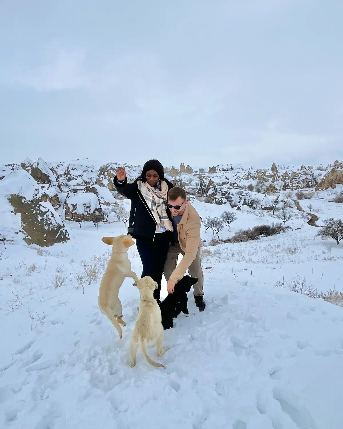 Two friendly dogs leaping up to greet us in the snowy Cappadocia hills