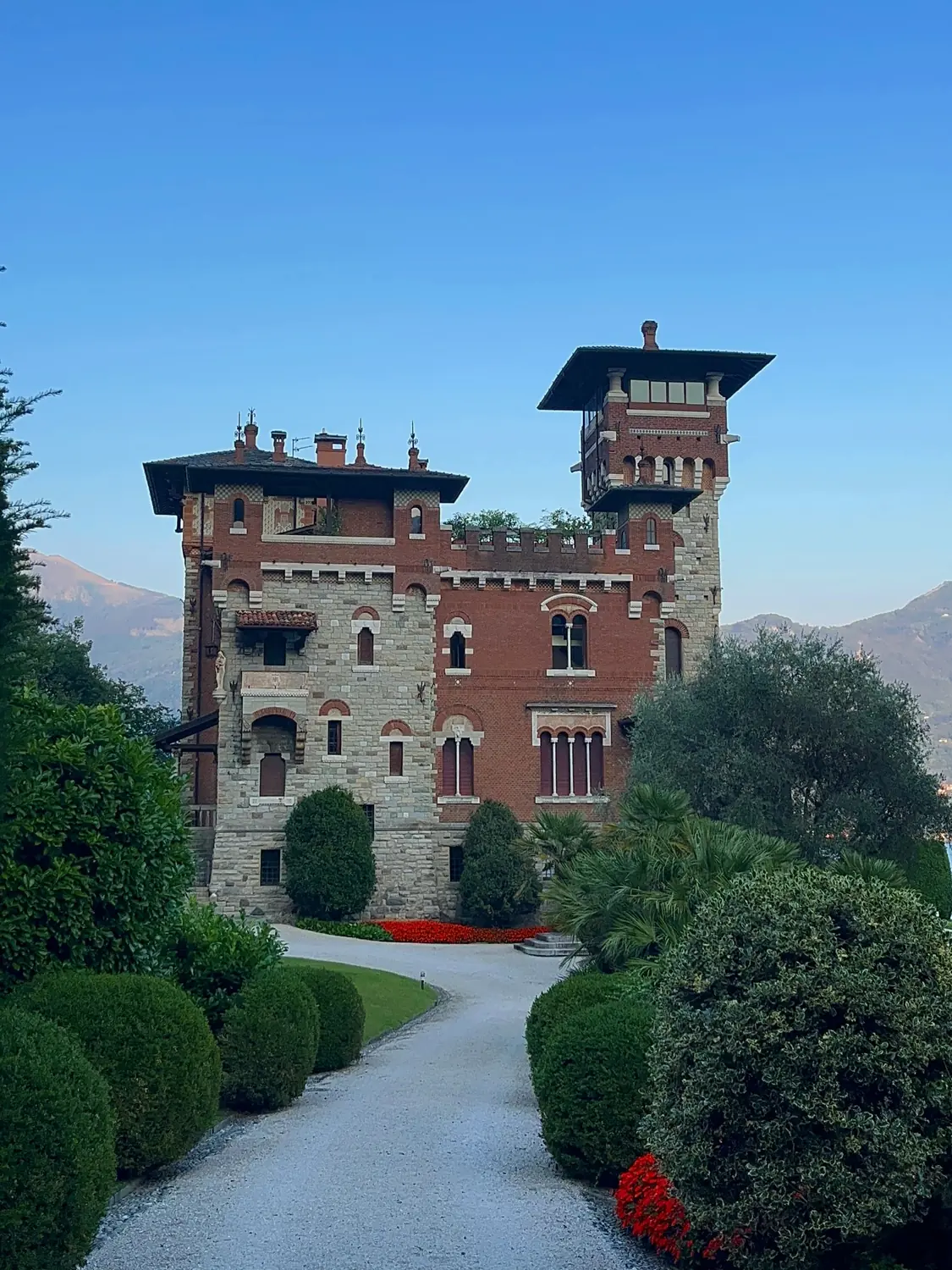 The castellated red-brick Villa Gaeta, the Casino Royale house, above Lake Como