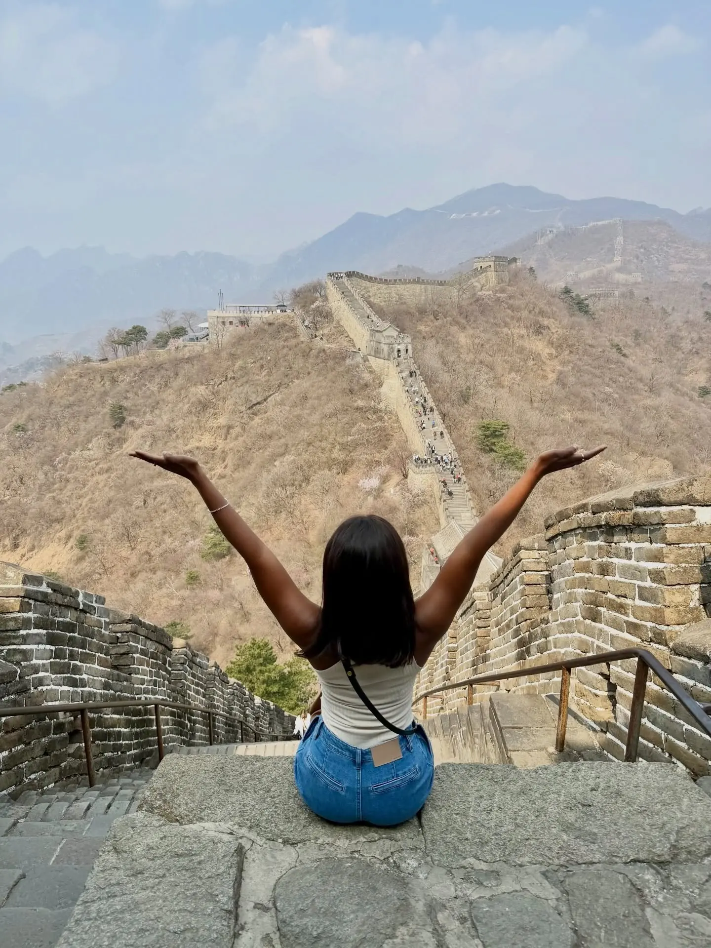 Looking out over the Great Wall of China snaking across the mountains