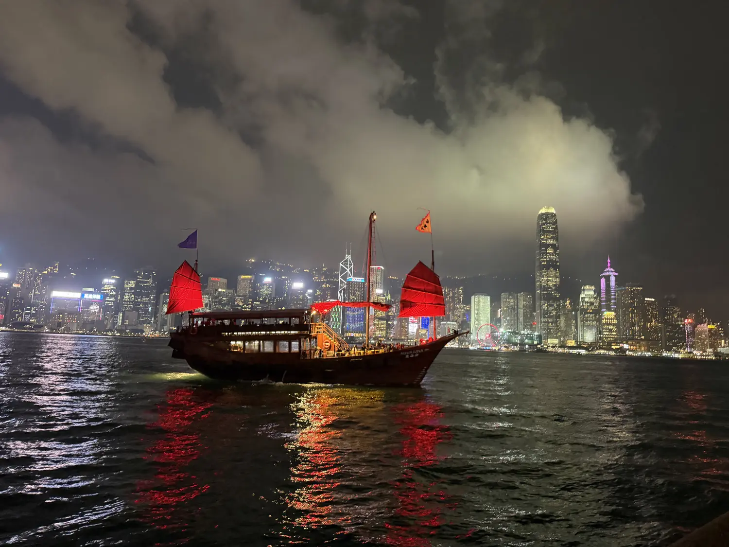 A red-sailed Chinese junk boat lit up on Victoria Harbour at night with the skyline behind
