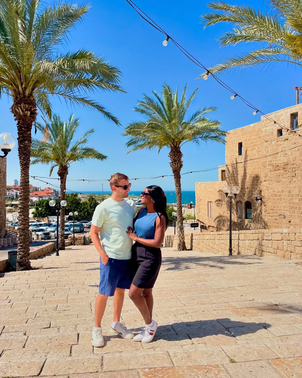 Us among the palms and stone lanes of Old Jaffa