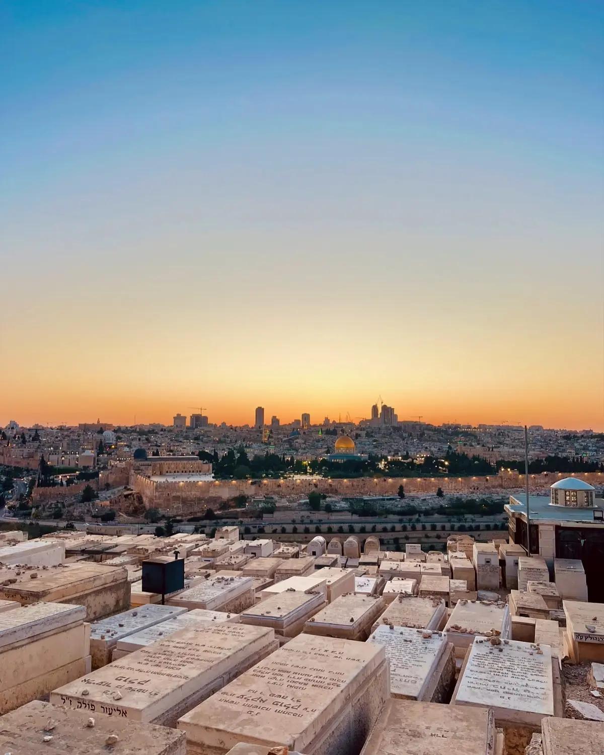 Sunrise over Jerusalem's Old City and the Dome of the Rock from the Mount of Olives
