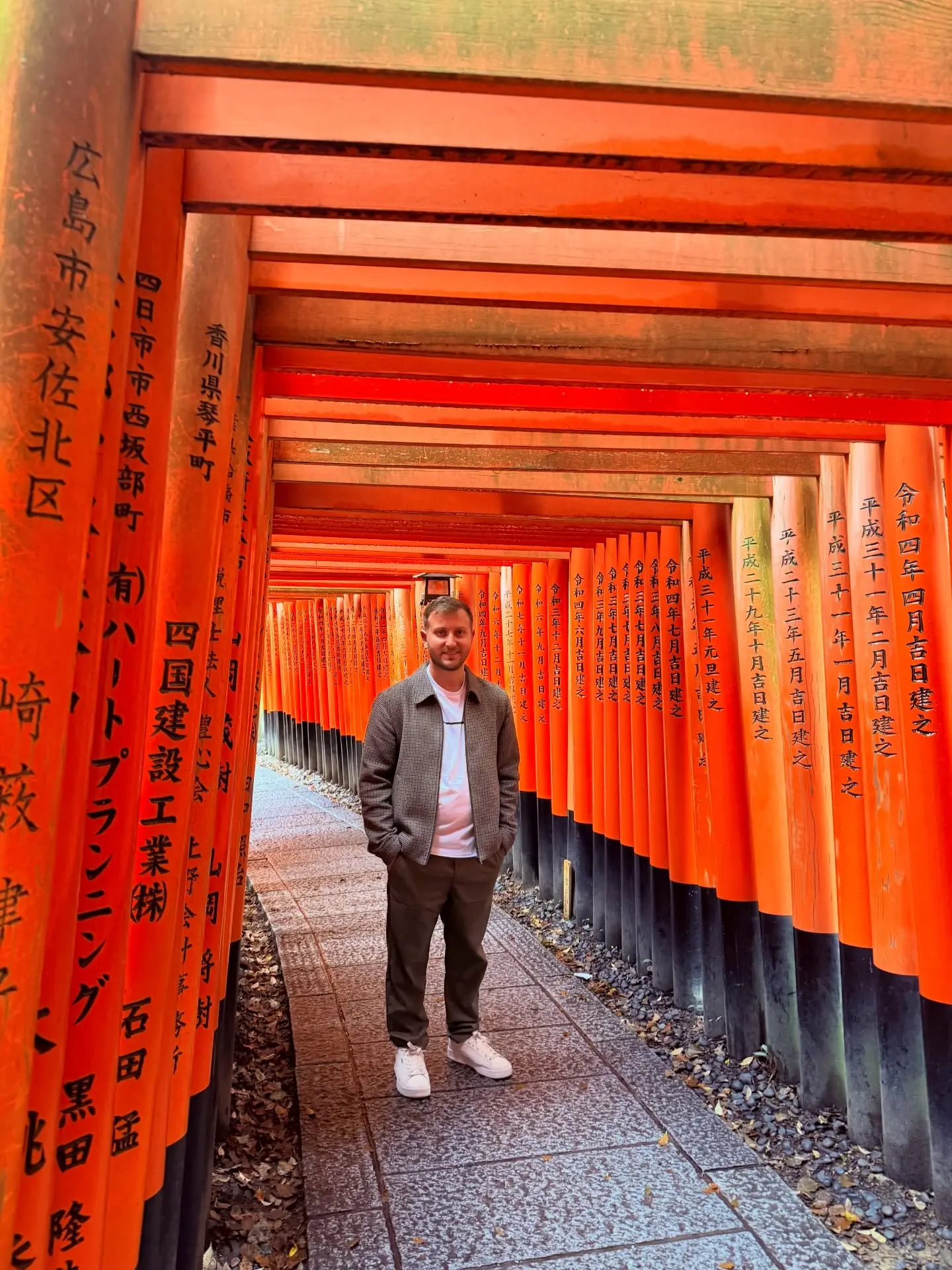 Andrew among the inscribed vermilion torii gates of Fushimi Inari