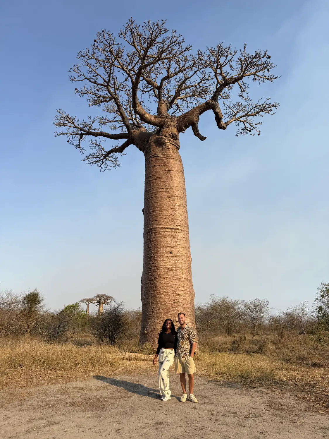Us standing beneath a giant baobab in the warm evening light near Morondava
