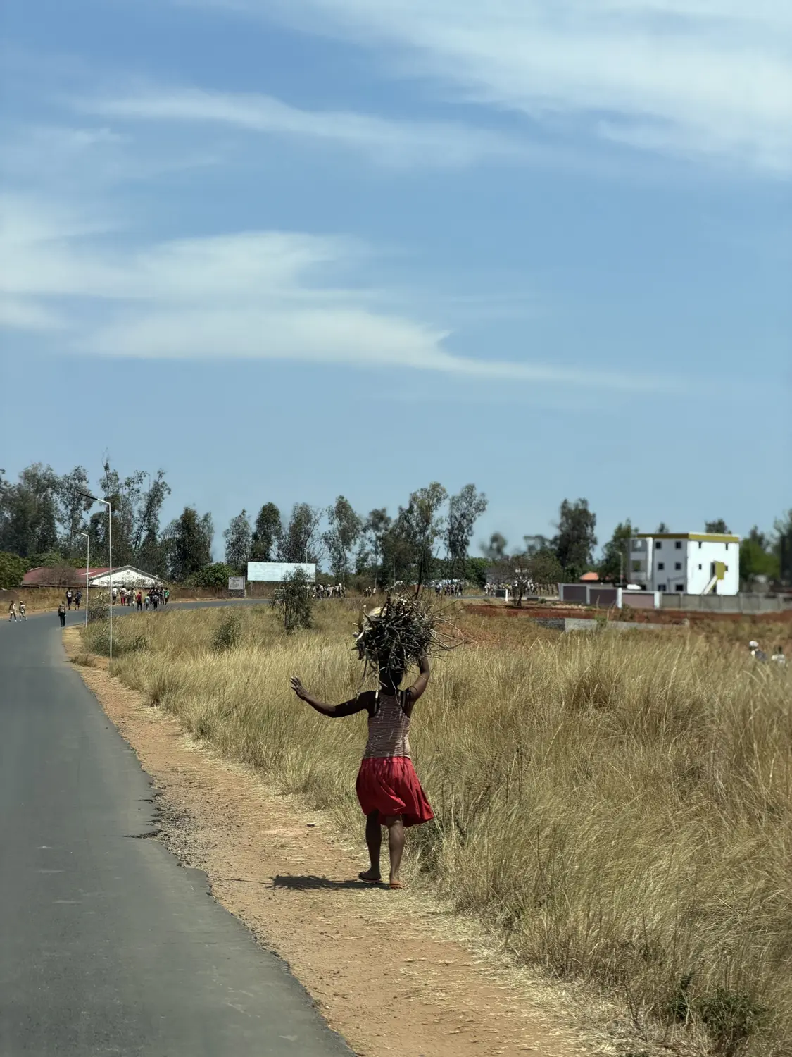 A woman in a red skirt carrying a bundle of firewood on her head along the roadside
