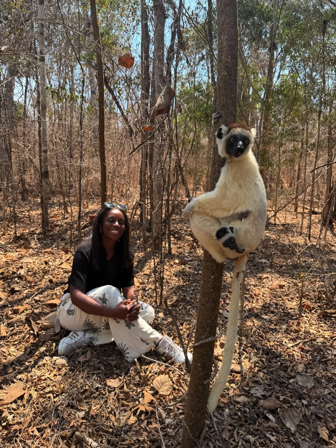 Melody sitting in the forest beside a sifaka lemur carrying its baby on a tree