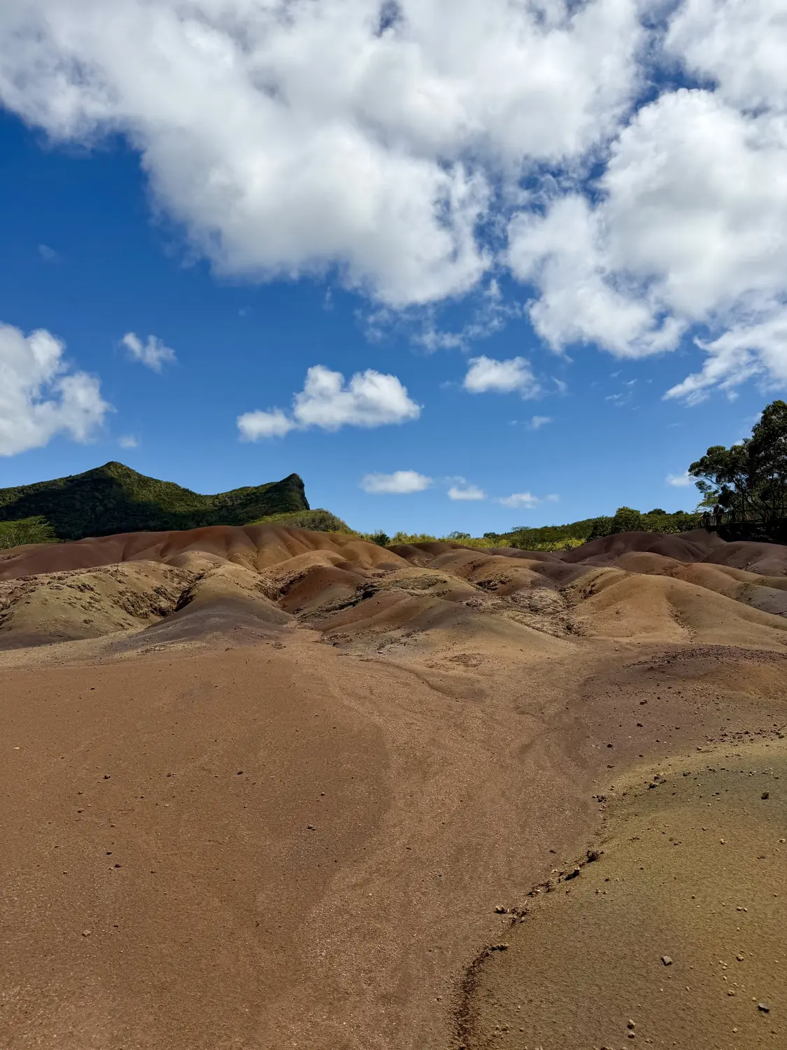 Striped coloured-earth dunes with a green mountain peak behind