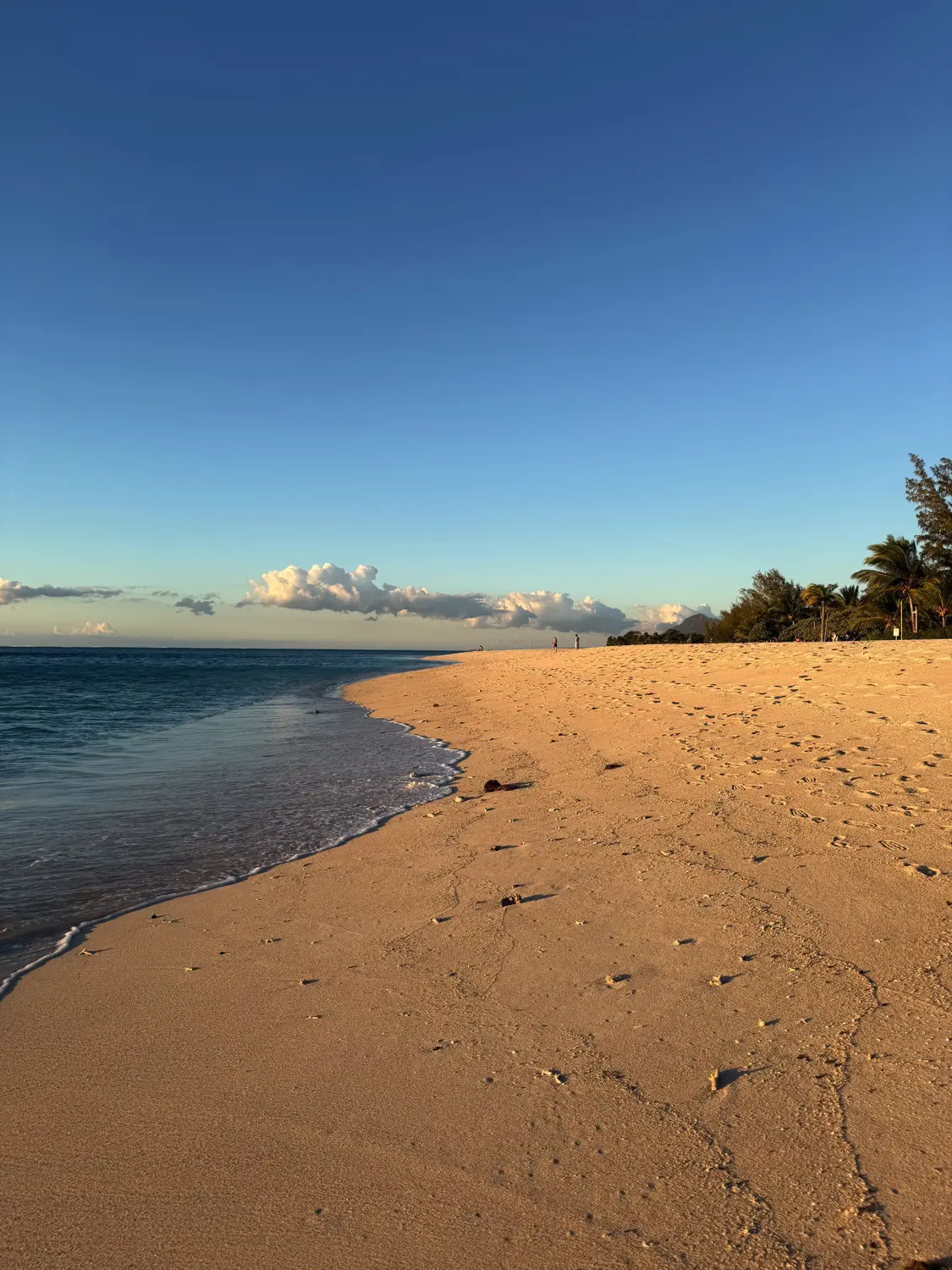 A long empty stretch of golden sand and gentle waves at golden hour
