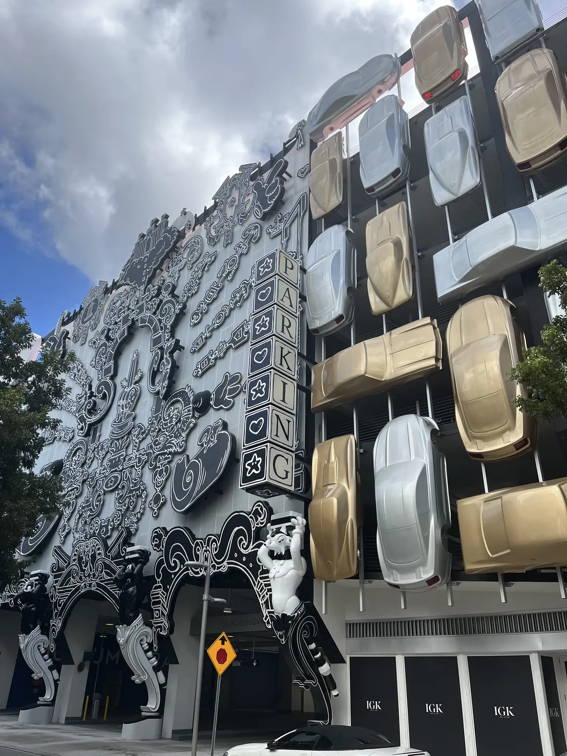 A boldly patterned art-covered building in the Wynwood Arts District of Miami