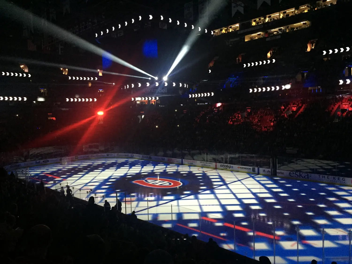 The lit-up ice at the Bell Centre before a Montreal Canadiens hockey game