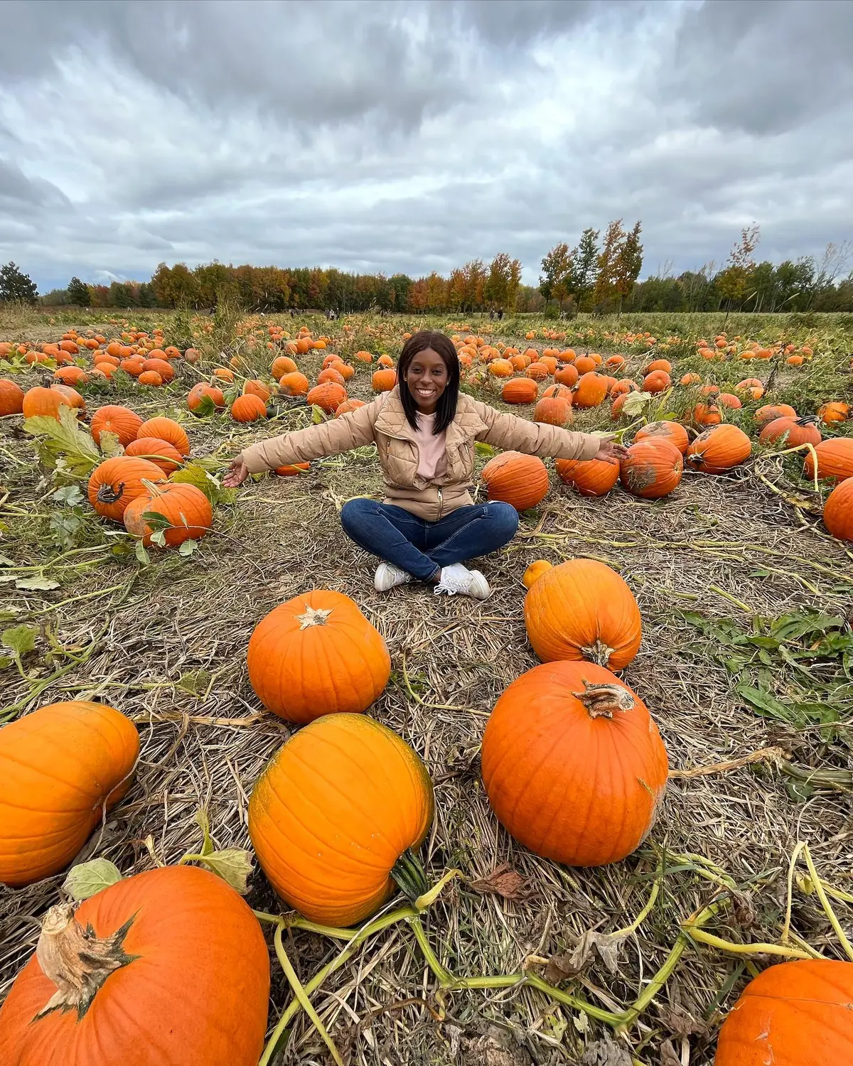 Melody sitting among rows of orange pumpkins in a field near Montreal