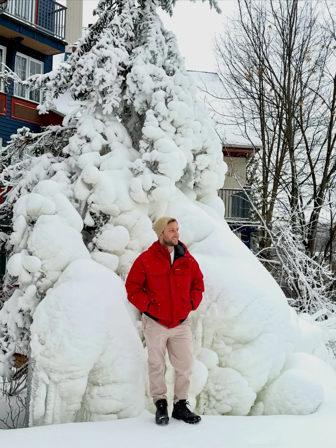 Andrew in a red jacket beside a huge snow-caked evergreen at Mont Tremblant