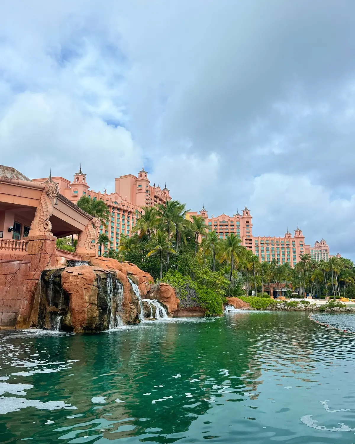 The pink towers and waterfall lagoon of the Atlantis resort on Paradise Island