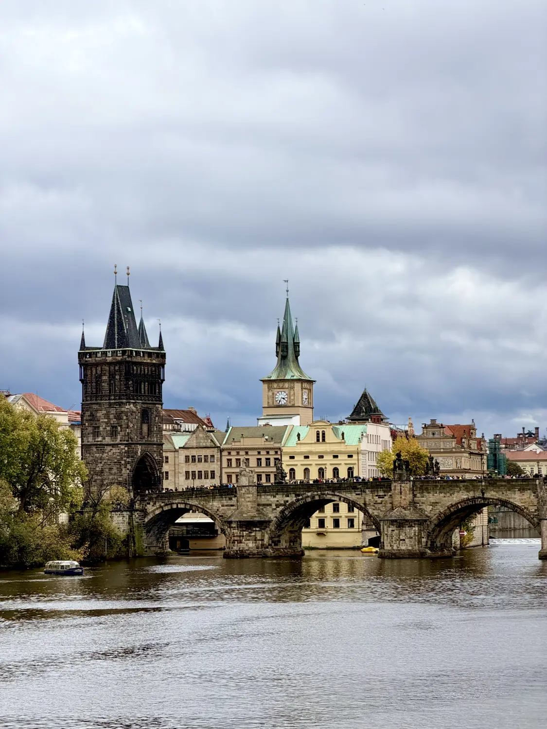 Charles Bridge and its towers seen from across the Vltava River