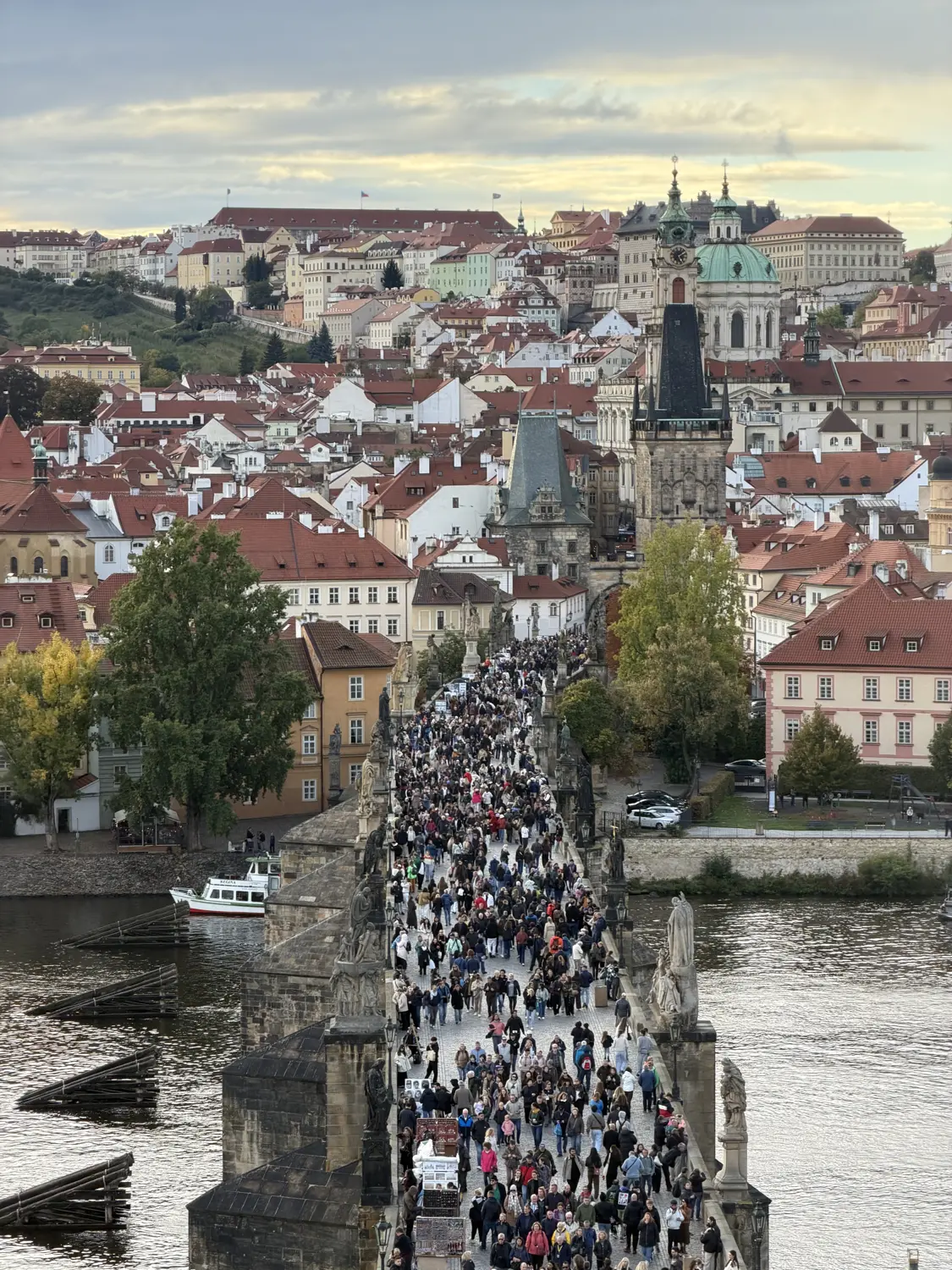 The view from a bridge tower straight down the crowded Charles Bridge towards the castle