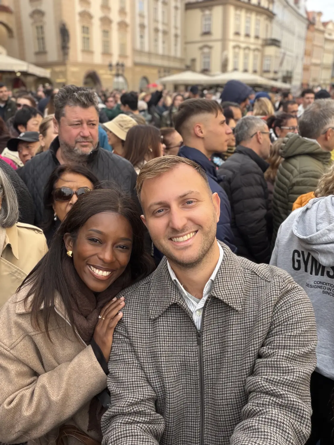 A selfie of us in the crowd waiting for the Astronomical Clock show