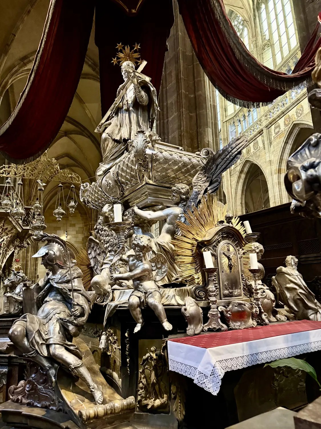 The ornate silver tomb inside St Vitus Cathedral