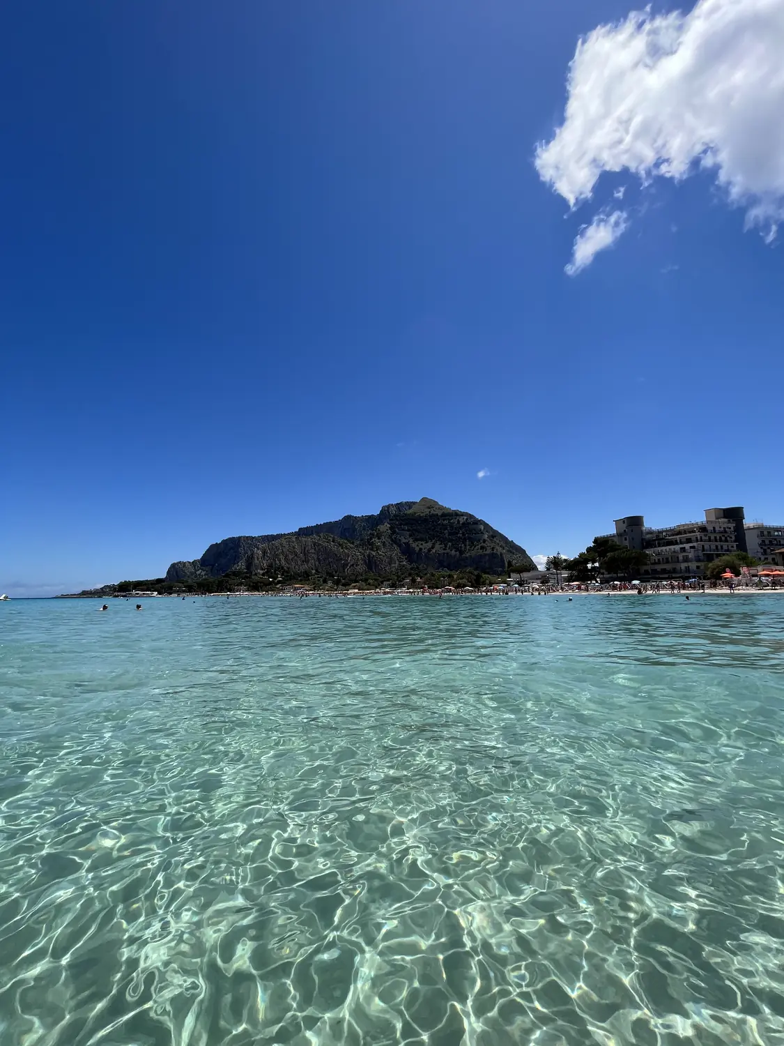 Crystal-clear water lapping the shore at Mondello with a rocky green headland