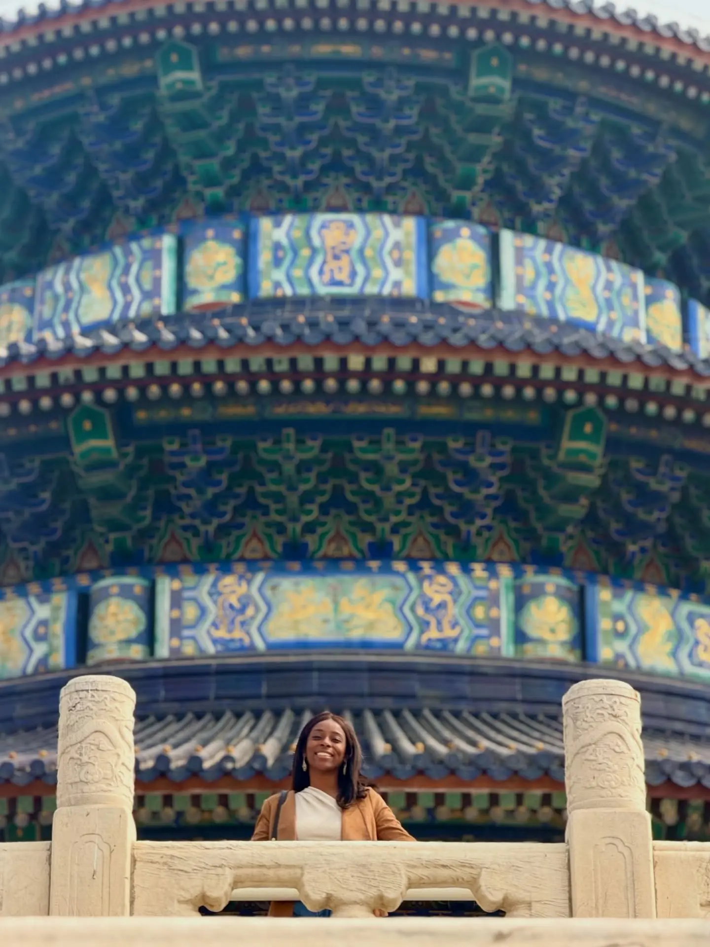 Looking up at the tiered blue roof of the Temple of Heaven