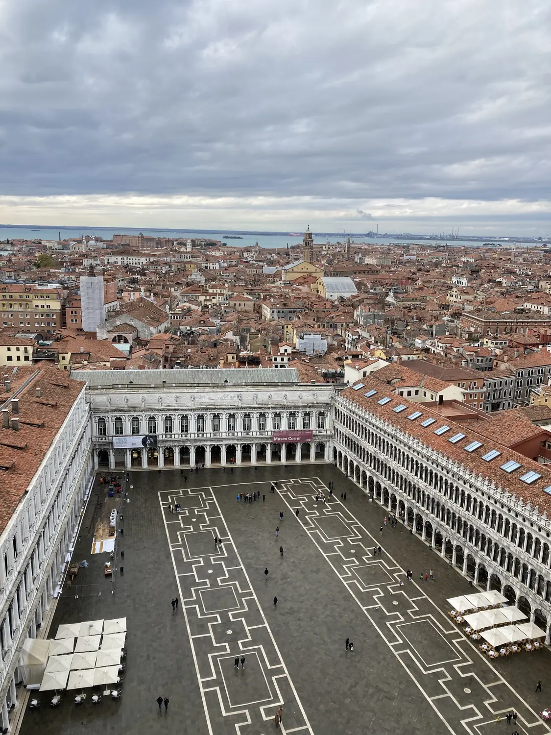 Aerial view over St Mark's Square and the rooftops of Venice